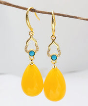 Stylish Yellow Sterling Silver Ancient Gold Inlaid Beeswax Drop Earrings