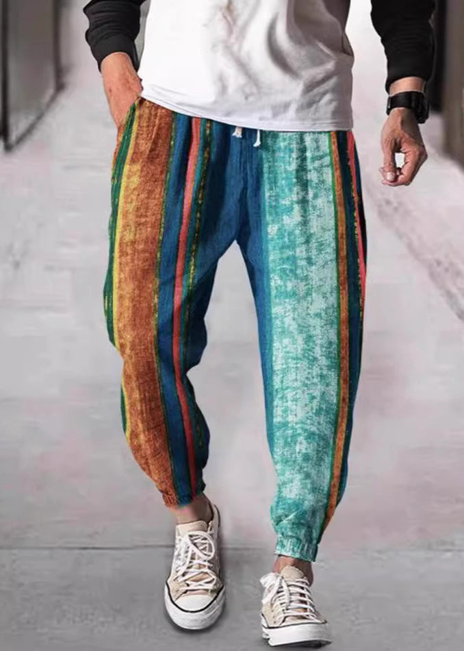 Stylish Yellow Striped Patchwork Cotton Men Crop Pants Summer