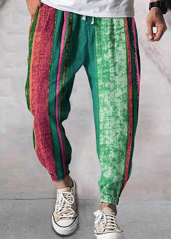 Stylish Yellow Striped Patchwork Cotton Men Crop Pants Summer