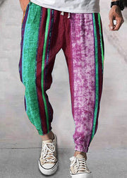 Stylish Yellow Striped Patchwork Cotton Men Crop Pants Summer