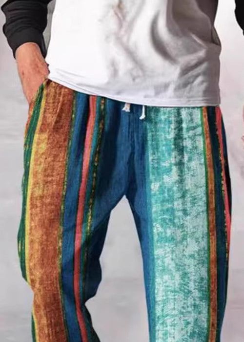 Stylish Yellow Striped Patchwork Cotton Men Crop Pants Summer