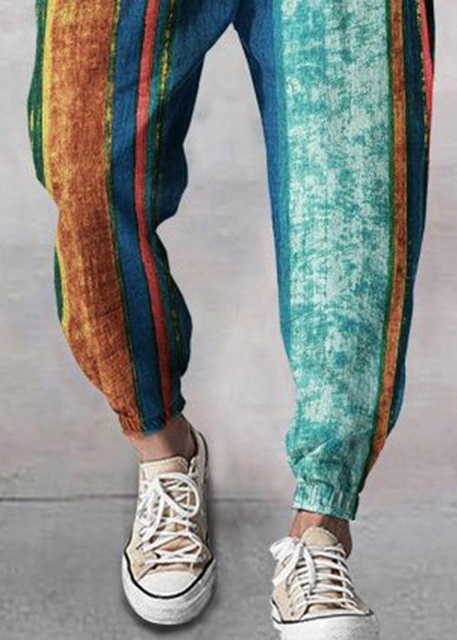 Stylish Yellow Striped Patchwork Cotton Men Crop Pants Summer