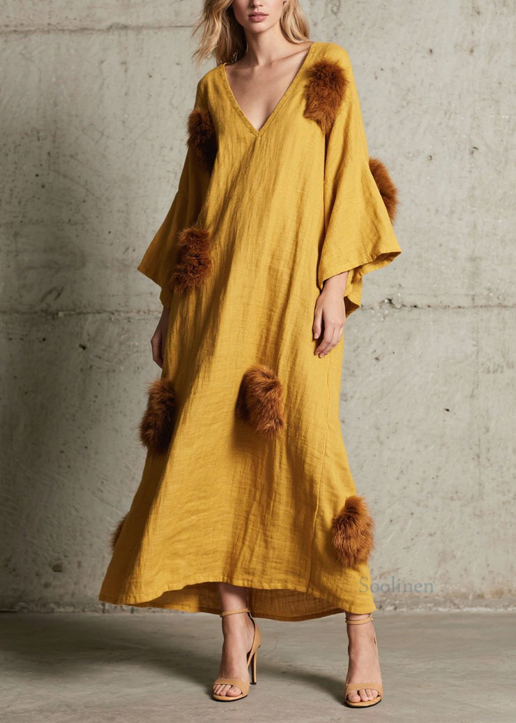 Stylish Yellow V Neck Fuzzy Fur Patchwork Cotton Maxi Dress Fall