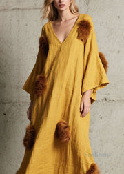Stylish Yellow V Neck Fuzzy Fur Patchwork Cotton Maxi Dress Fall