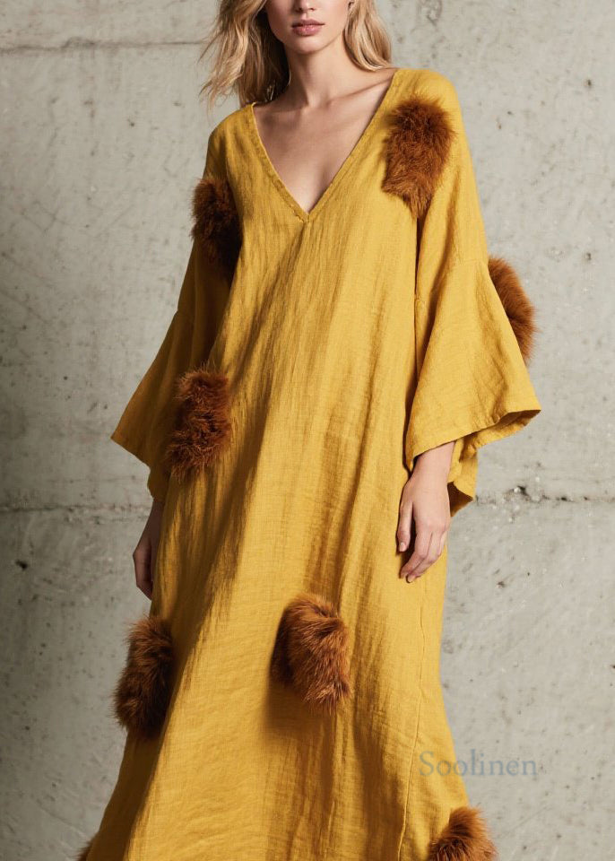 Stylish Yellow V Neck Fuzzy Fur Patchwork Cotton Maxi Dress Fall