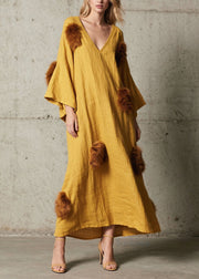 Stylish Yellow V Neck Fuzzy Fur Patchwork Cotton Maxi Dress Fall