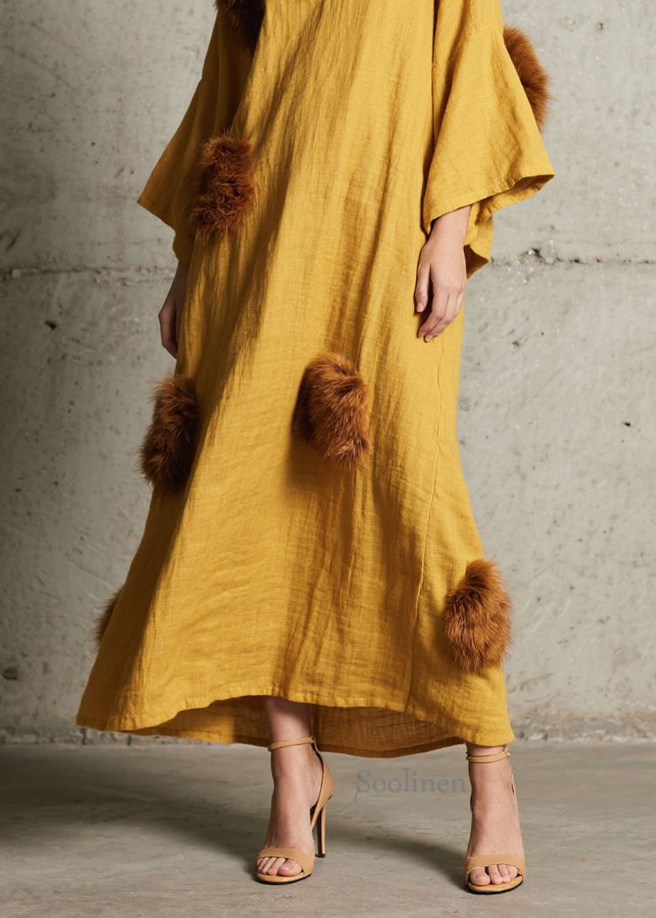 Stylish Yellow V Neck Fuzzy Fur Patchwork Cotton Maxi Dress Fall
