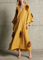 Stylish Yellow V Neck Fuzzy Fur Patchwork Cotton Maxi Dress Fall