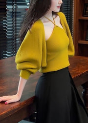Stylish Yellow V Neck Lace Up Cardigan And Tank Knit Two Pieces Set Fall