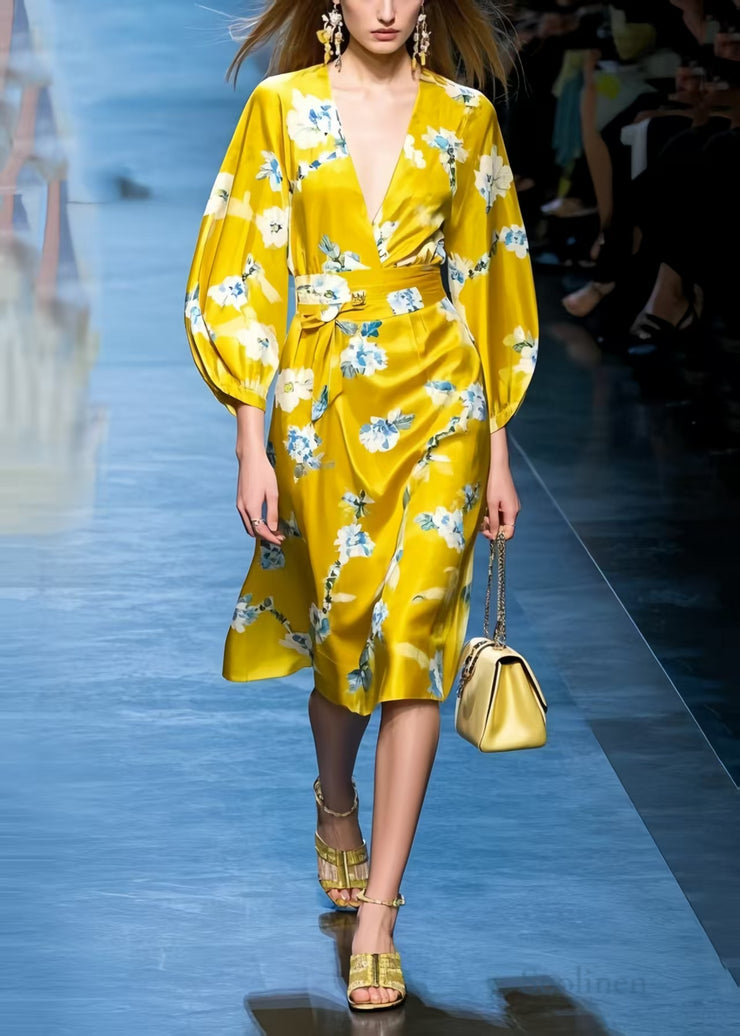 Stylish Yellow V Neck Print Silk Work Dress Spring