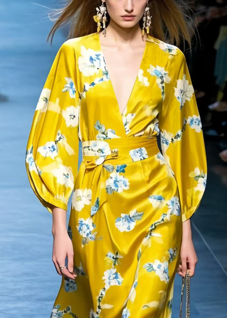 Stylish Yellow V Neck Print Silk Work Dress Spring
