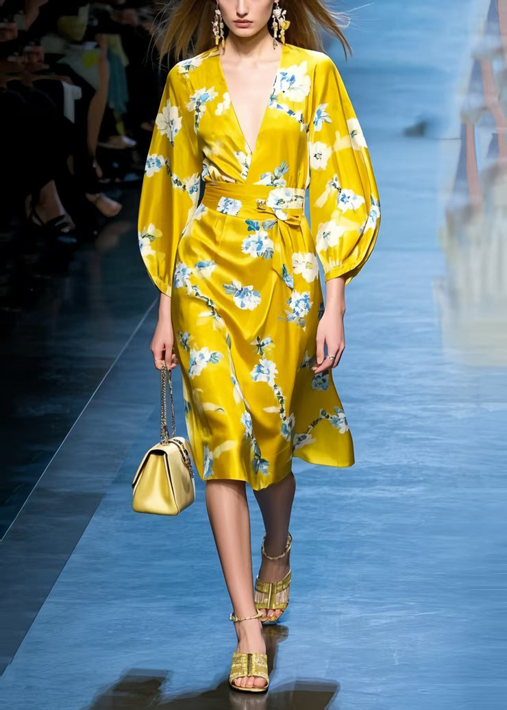 Stylish Yellow V Neck Print Silk Work Dress Spring