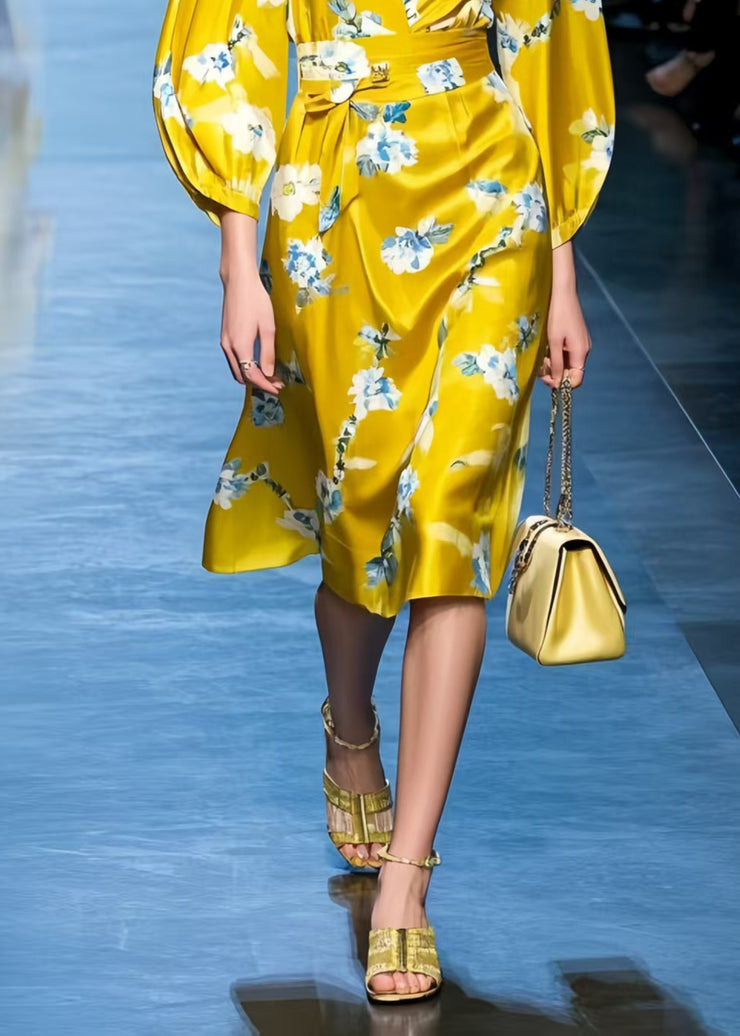 Stylish Yellow V Neck Print Silk Work Dress Spring