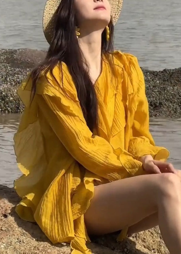 Stylish Yellow V Neck Ruffled Solid Chiffon Shirts Flare Sleeve