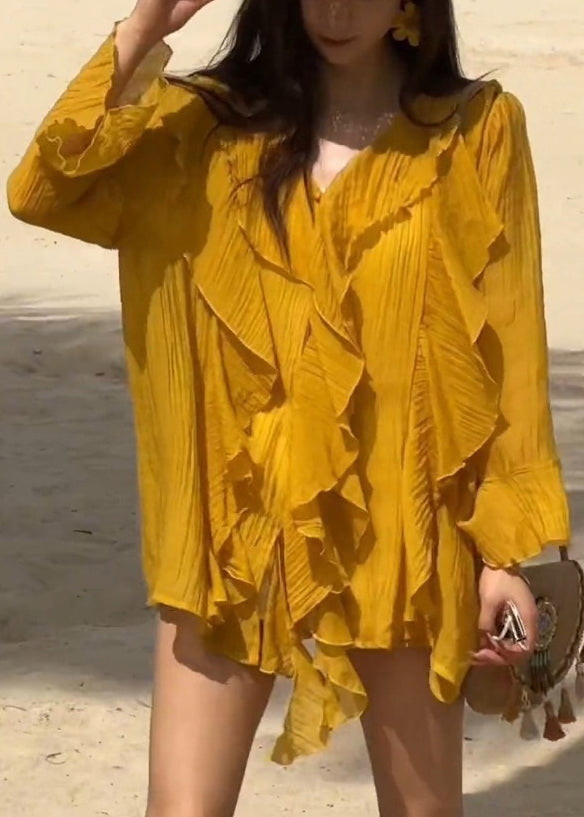 Stylish Yellow V Neck Ruffled Solid Chiffon Shirts Flare Sleeve