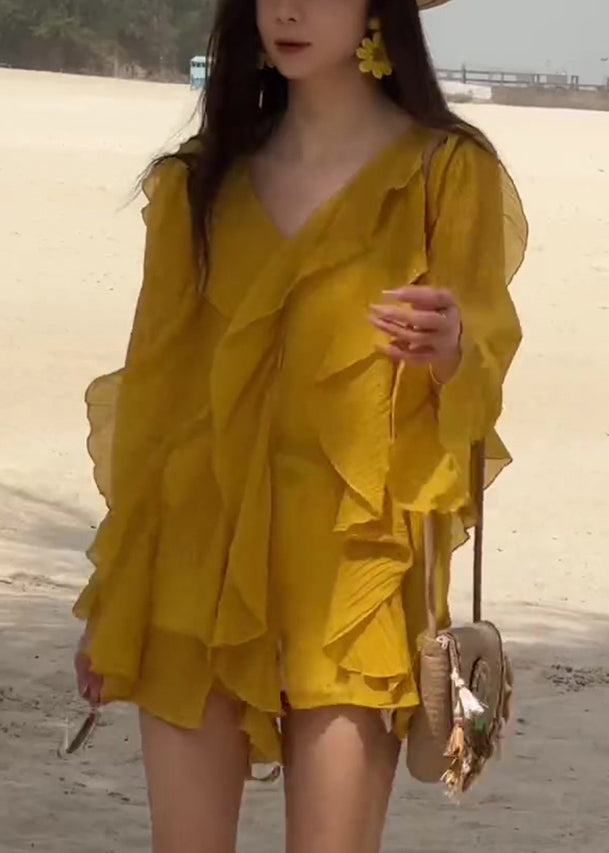 Stylish Yellow V Neck Ruffled Solid Chiffon Shirts Flare Sleeve