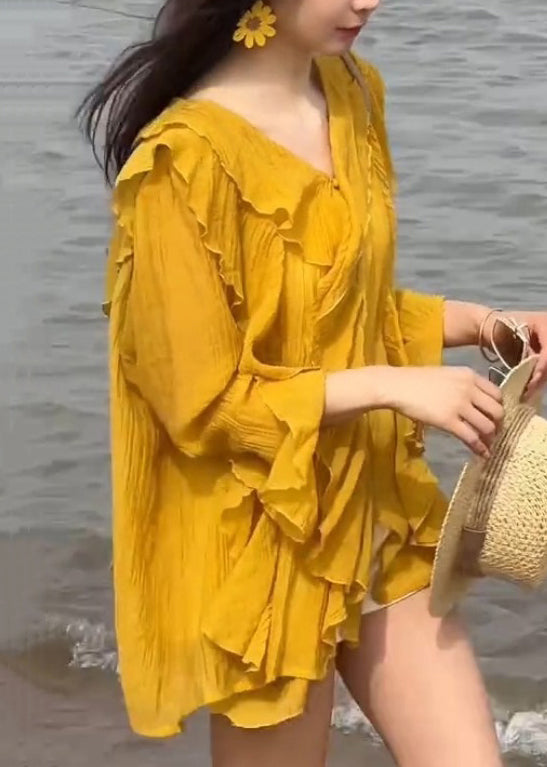 Stylish Yellow V Neck Ruffled Solid Chiffon Shirts Flare Sleeve