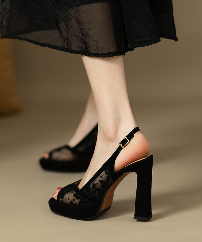 Suede Lace Embroidered Fashion Black High Heels Sandals