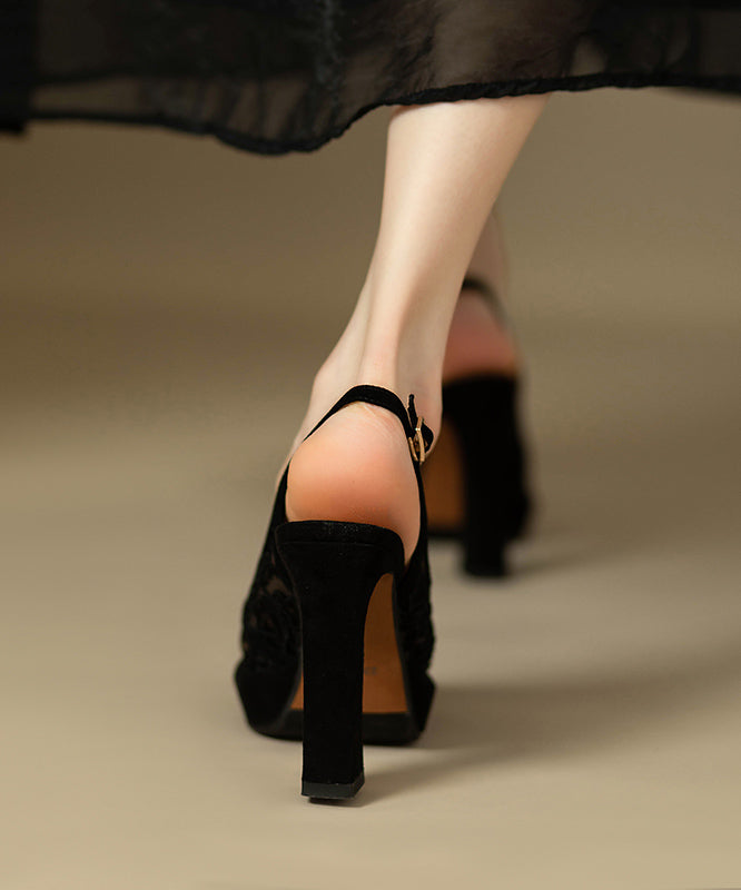 Suede Lace Embroidered Fashion Black High Heels Sandals