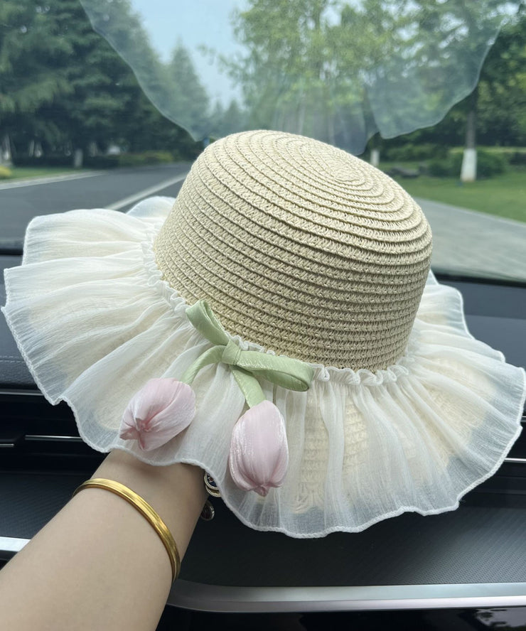 Summer Beige Straw Woven Princess Sunshade Hat