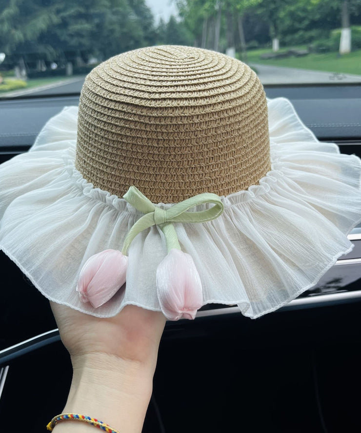 Summer Beige Straw Woven Princess Sunshade Hat