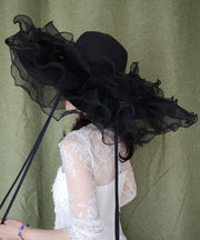 Summer Black Big Brimmed Straw Woven Hat Organza Ruffled