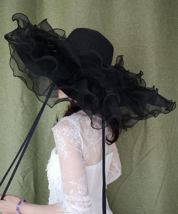 Summer Black Big Brimmed Straw Woven Hat Organza Ruffled
