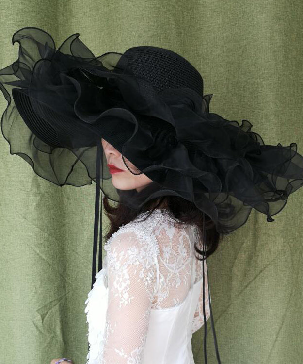 Summer Black Big Brimmed Straw Woven Hat Organza Ruffled