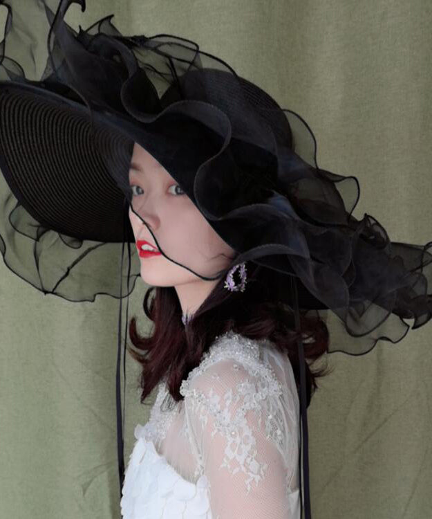 Summer Black Big Brimmed Straw Woven Hat Organza Ruffled
