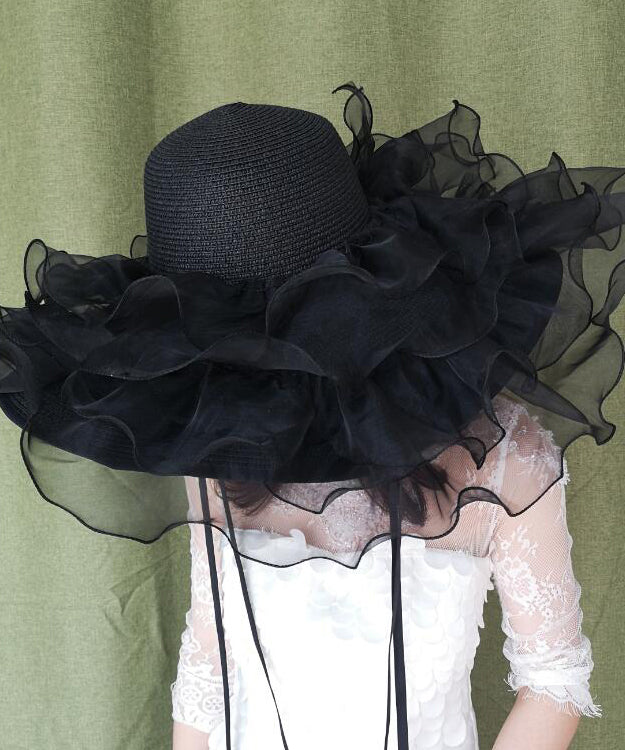 Summer Black Big Brimmed Straw Woven Hat Organza Ruffled