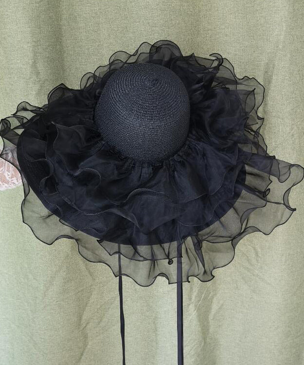 Summer Black Big Brimmed Straw Woven Hat Organza Ruffled
