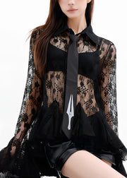 Summer Black Lace Hollow See Through Flared Sleeve Shirt