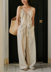 Summer Linen Color Lace Up Top And Wide Leg Pants Two Pieces Set