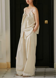 Summer Linen Color Lace Up Top And Wide Leg Pants Two Pieces Set
