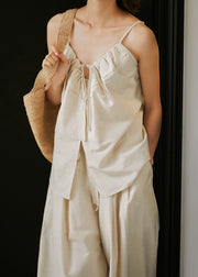 Summer Linen Color Lace Up Top And Wide Leg Pants Two Pieces Set