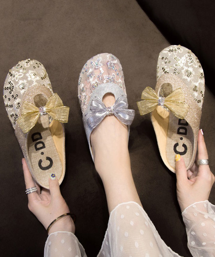 Summer New Gold Mesh Breathable Bow Flat Slide Sandals
