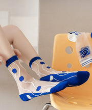 Summer Thin Blue Breathable Jacquard Mid Tube Socks