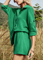 Tea Green Button Cotton Two Pieces Set Oversized Summer