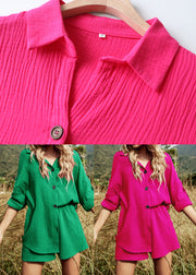 Tea Green Button Cotton Two Pieces Set Oversized Summer