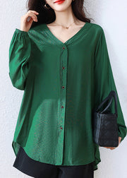 Tea Green Cotton Shirt V Neck Oversized Fall