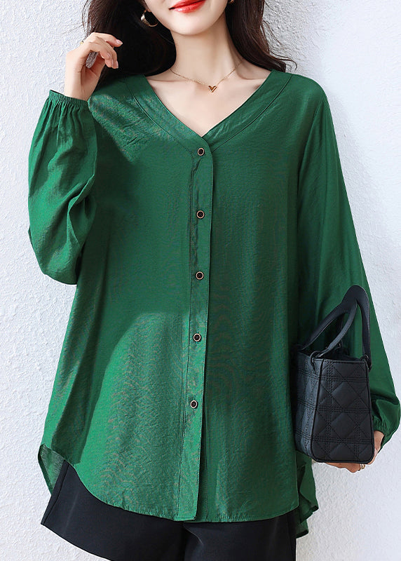 Tea Green Cotton Shirt V Neck Oversized Fall