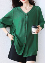 Tea Green Cotton Shirt V Neck Oversized Fall