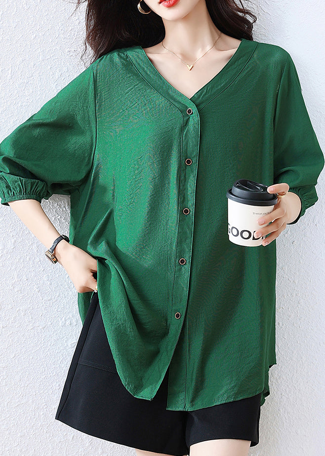 Tea Green Cotton Shirt V Neck Oversized Fall