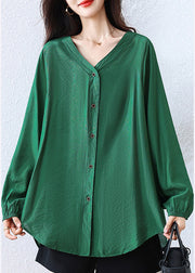 Tea Green Cotton Shirt V Neck Oversized Fall