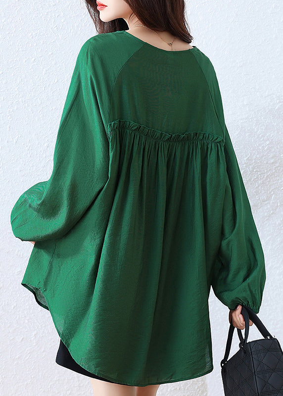 Tea Green Cotton Shirt V Neck Oversized Fall