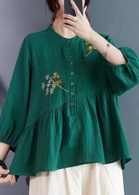 Tea Green Patchwork Cotton Shirt Embroidered Summer