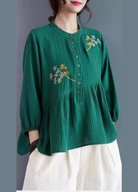 Tea Green Patchwork Cotton Shirt Embroidered Summer