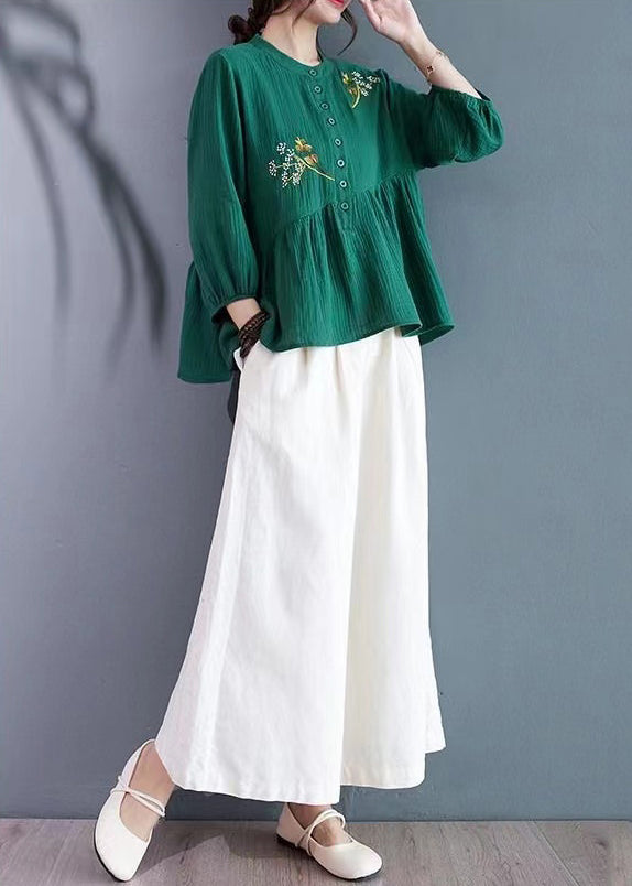 Tea Green Patchwork Cotton Shirt Embroidered Summer