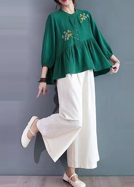 Tea Green Patchwork Cotton Shirt Embroidered Summer