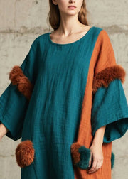 Tea Green Patchwork Faux Fur Dress Oversized Bracelet Sleeve
